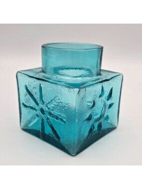 MCM Dartington Blue Glass Cube Vase Embossed Sunburst Design Textured Finish